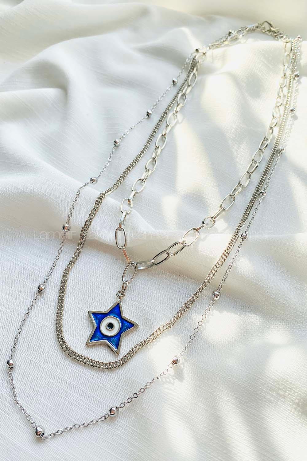 Modalamelif Gümüş 3lü Zincir Yıldız Detay Kolye