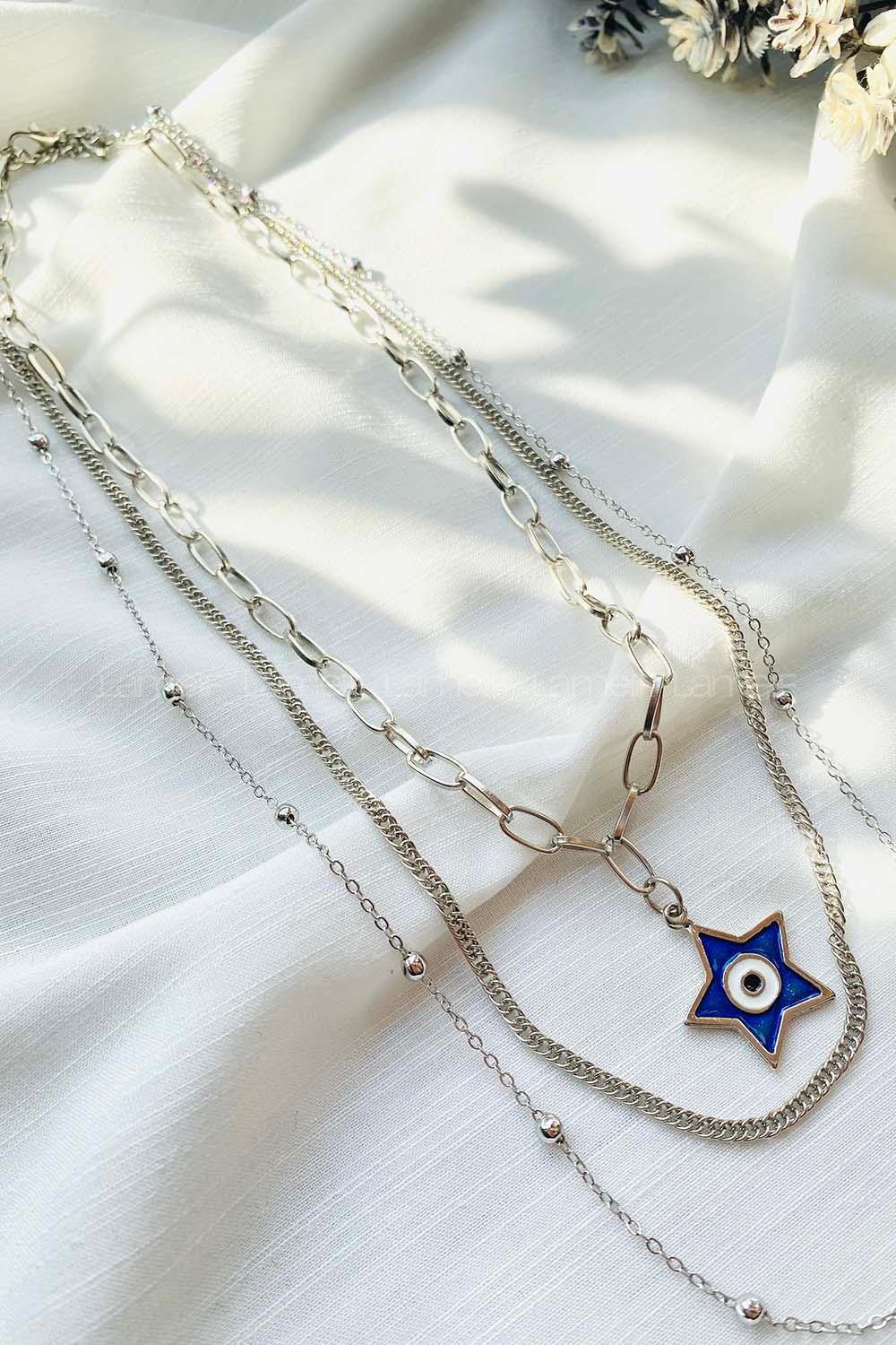 Modalamelif Gümüş 3lü Zincir Yıldız Detay Kolye