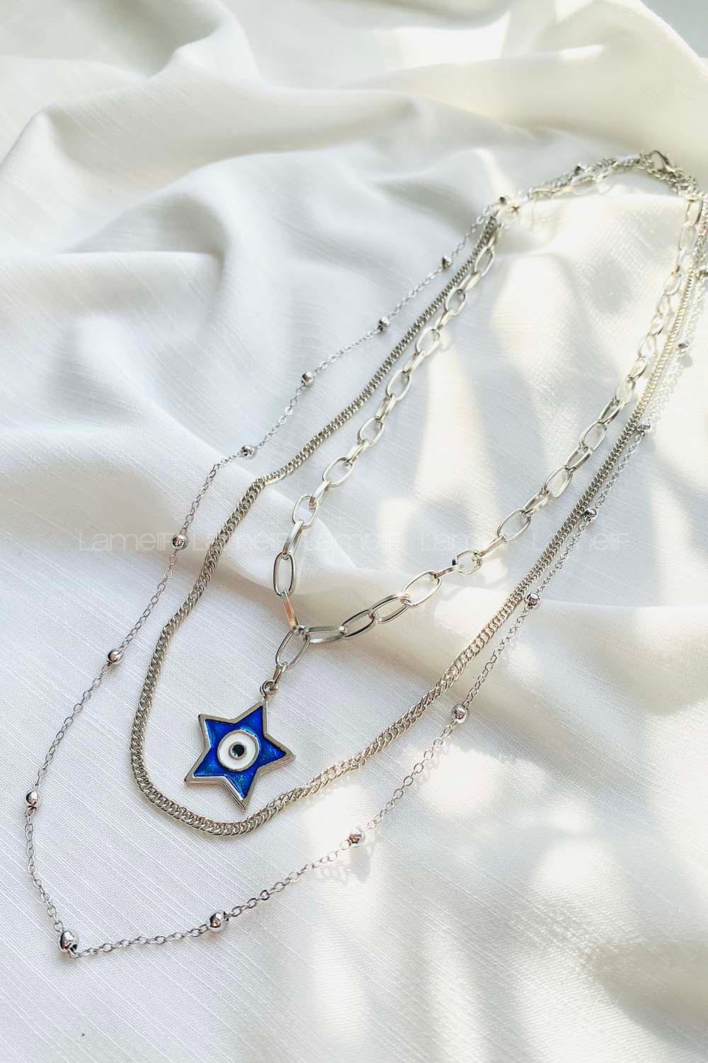 Modalamelif Gümüş 3lü Zincir Yıldız Detay Kolye