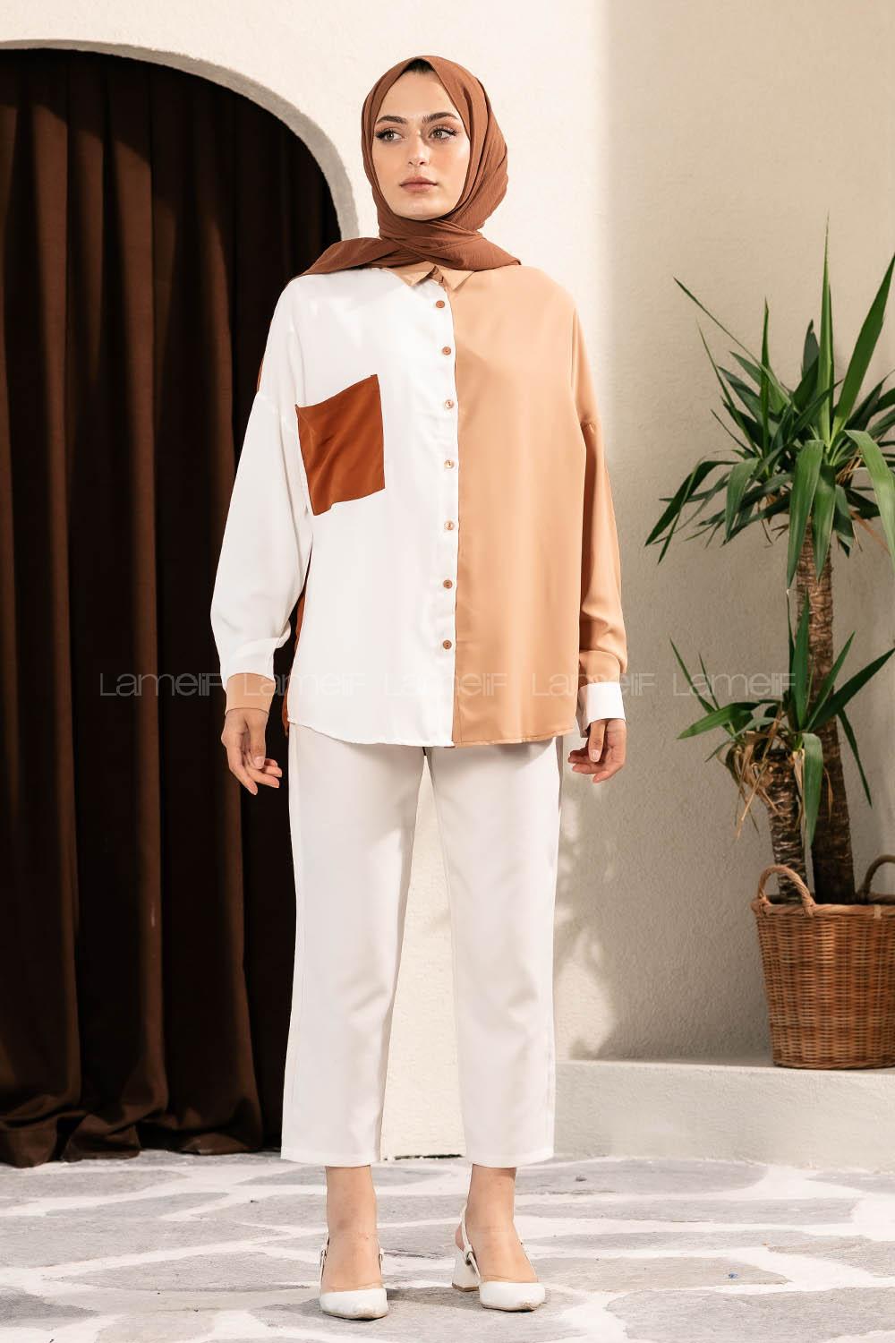 Modalamelif Jesica Renk Garnili Tek Cepli Gömlek Ekru-Sütlükahve