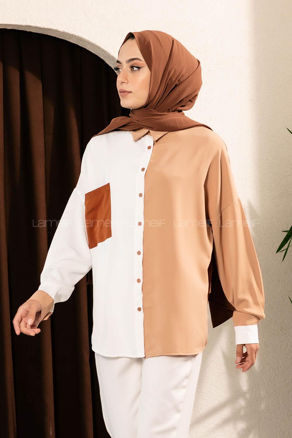 Modalamelif Jesica Renk Garnili Tek Cepli Gömlek Ekru-Sütlükahve
