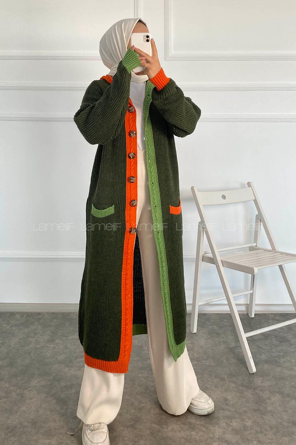 Modalamelif  Kapşonlu Garnili Salaş Hırka Haki