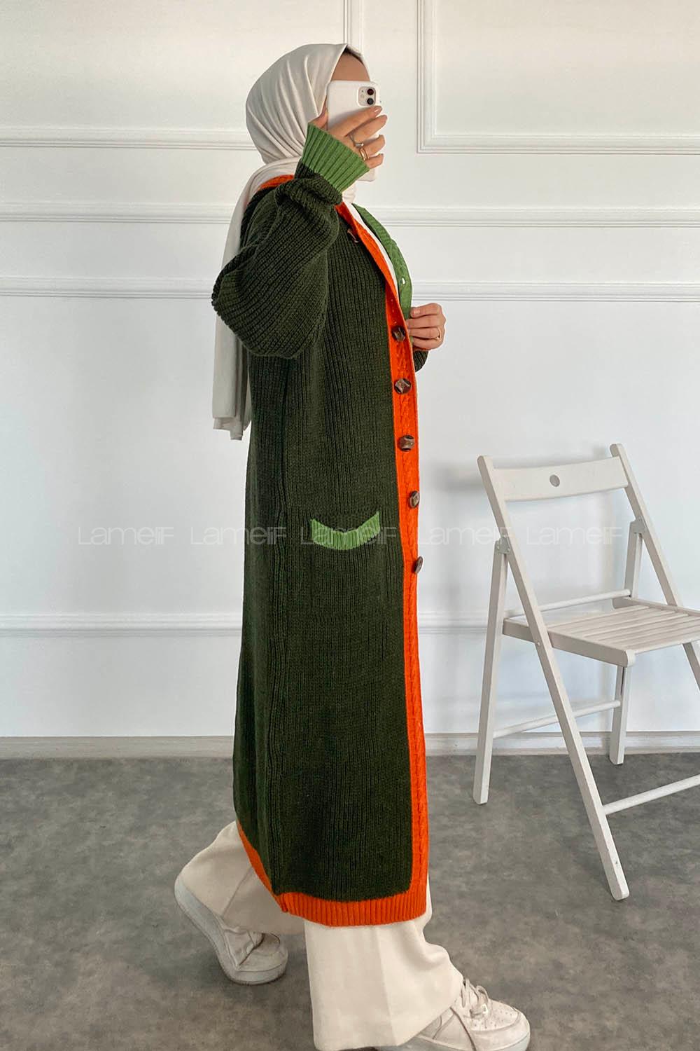 Modalamelif  Kapşonlu Garnili Salaş Hırka Haki