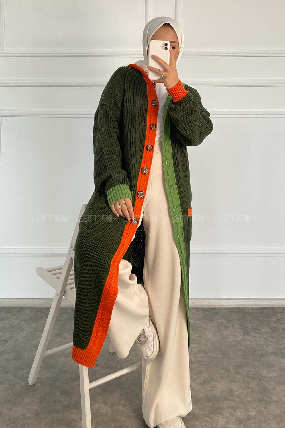 Modalamelif  Kapşonlu Garnili Salaş Hırka Haki