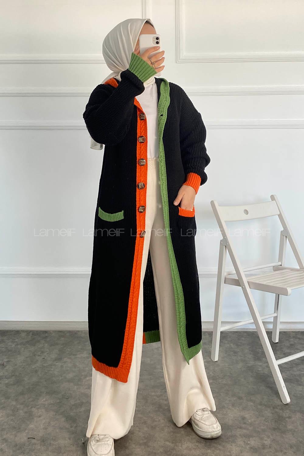 Modalamelif  Kapşonlu Garnili Salaş Hırka Siyah