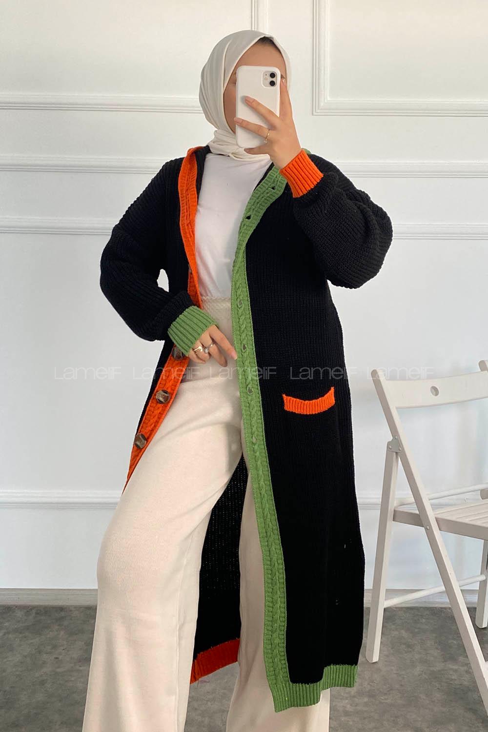 Modalamelif  Kapşonlu Garnili Salaş Hırka Siyah