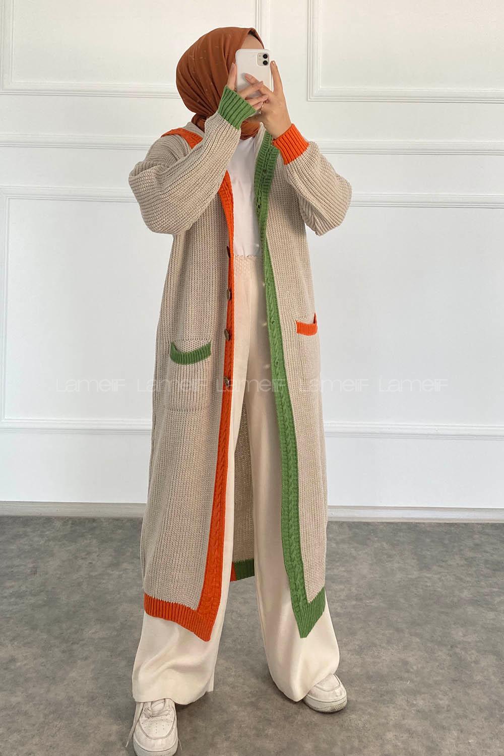 Modalamelif  Kapşonlu Garnili Salaş Hırka Taş Rengi