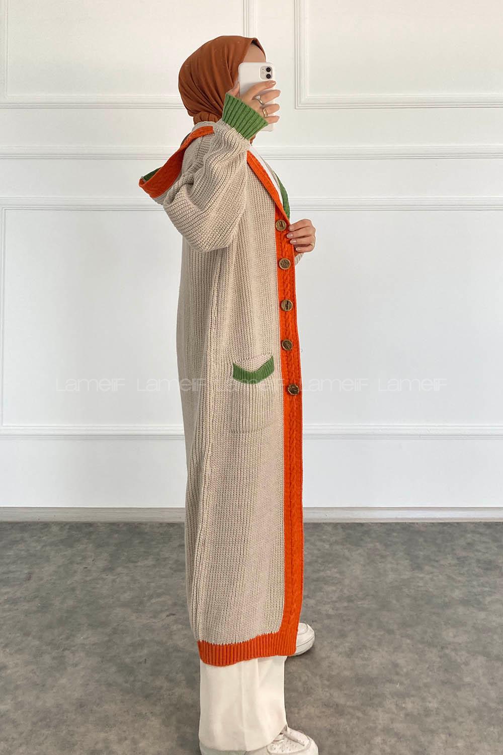 Modalamelif  Kapşonlu Garnili Salaş Hırka Taş Rengi