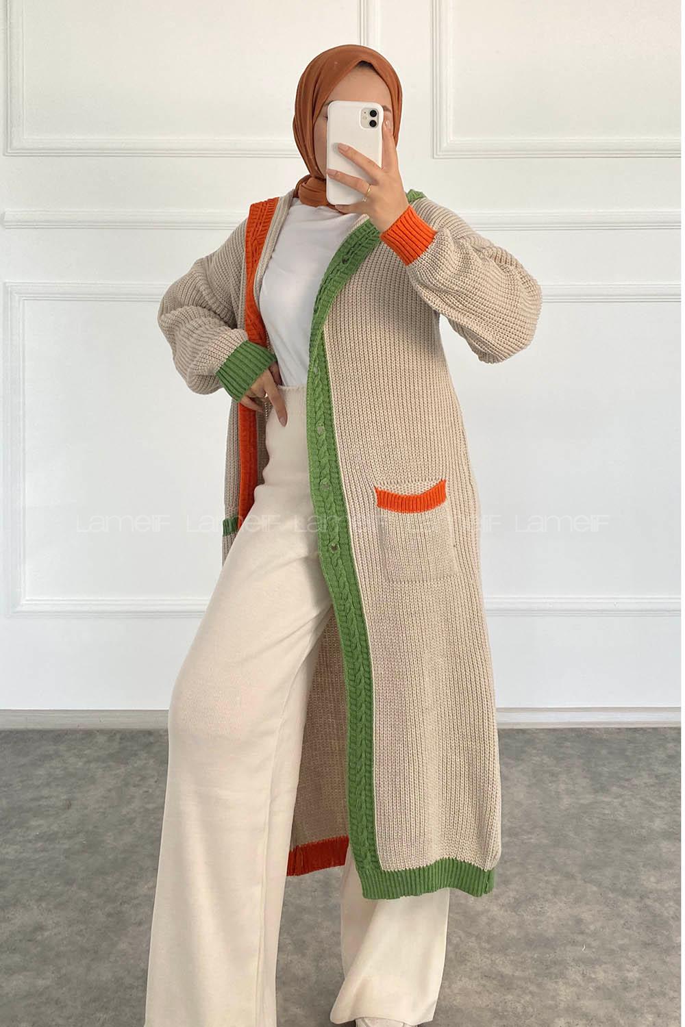 Modalamelif  Kapşonlu Garnili Salaş Hırka Taş Rengi