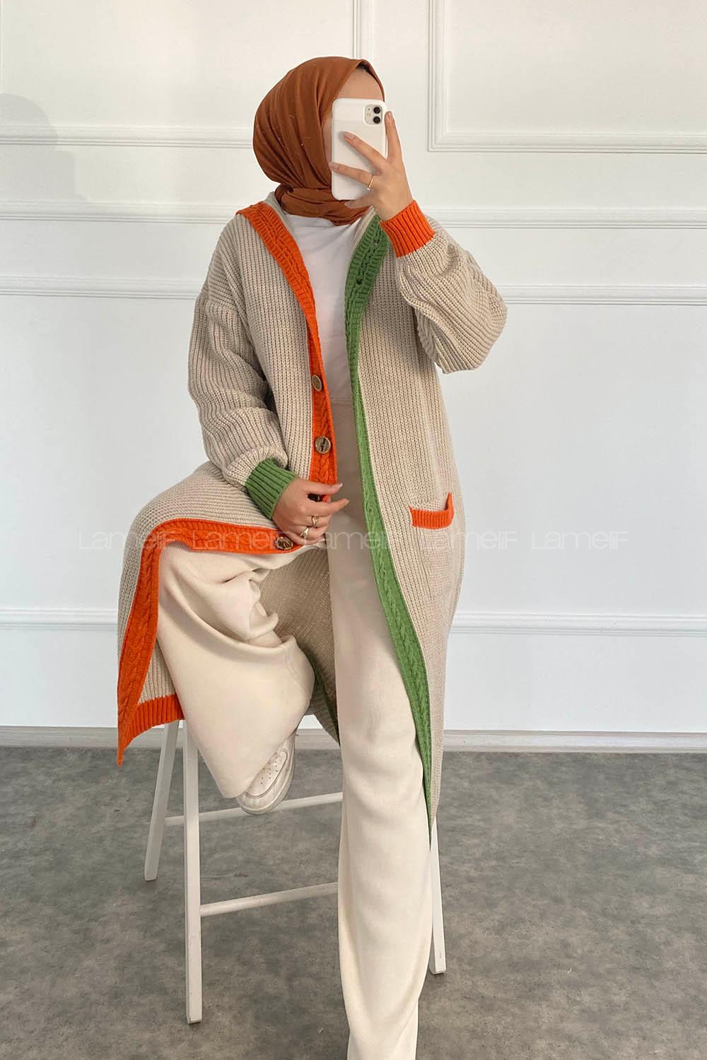 Modalamelif  Kapşonlu Garnili Salaş Hırka Taş Rengi