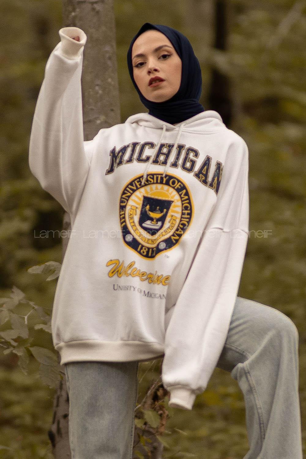 Modalamelif Kapüşon Detaylı Mıchıgan Baskılı Oversize Sweat Ekru