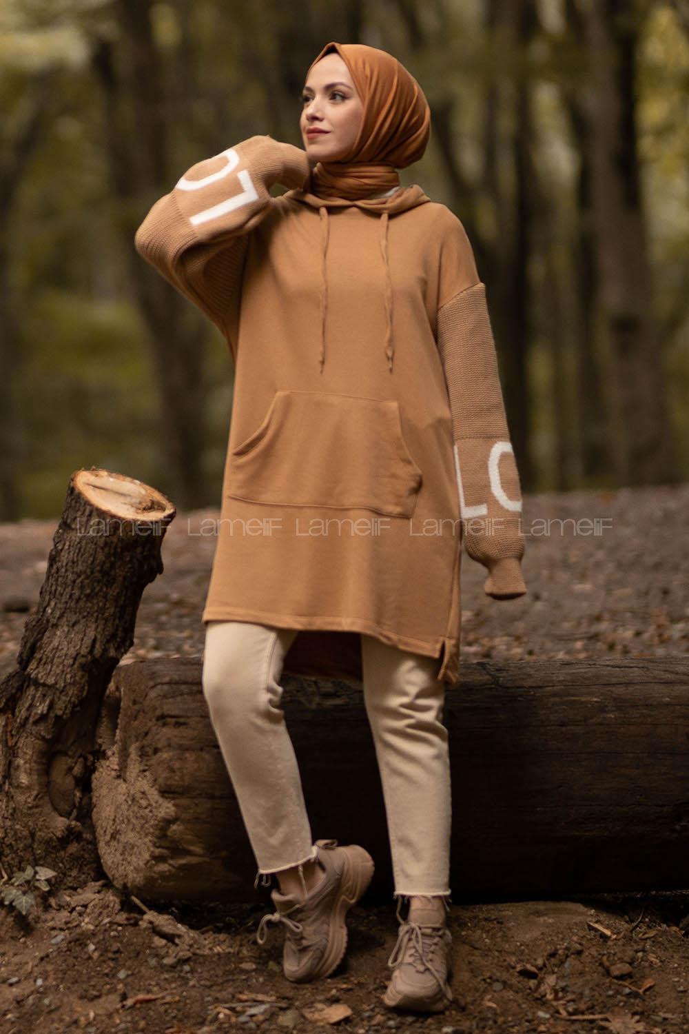 Modalamelif Kapüşonlu Kanguru Cep Triko Kol Garnili Sweat Camel