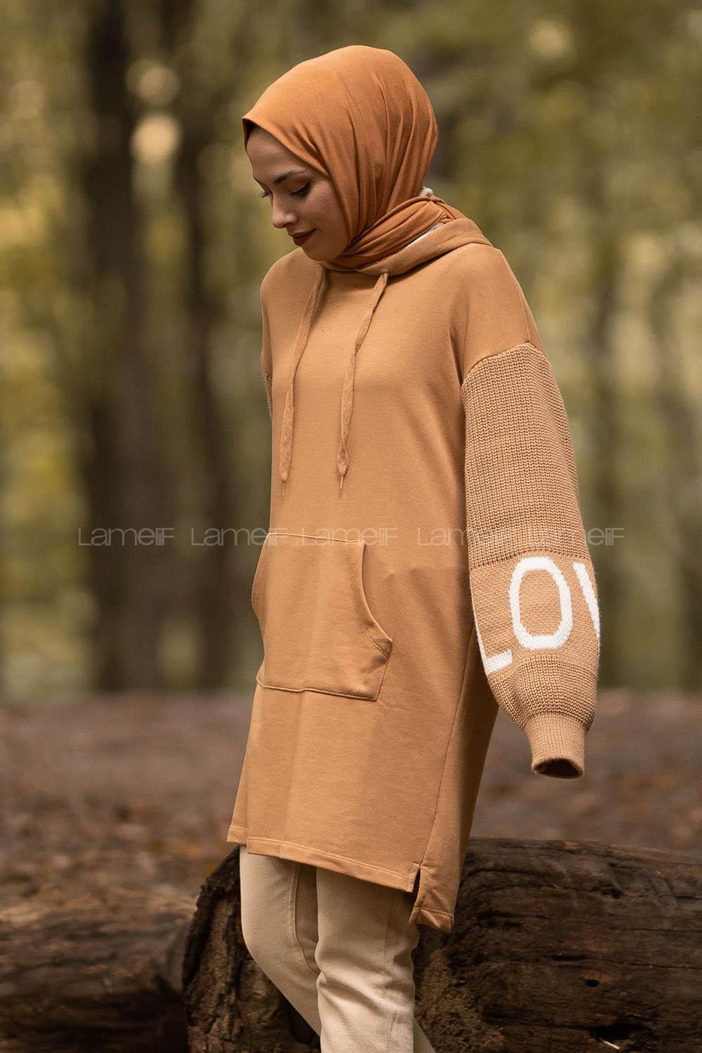 Modalamelif Kapüşonlu Kanguru Cep Triko Kol Garnili Sweat Camel