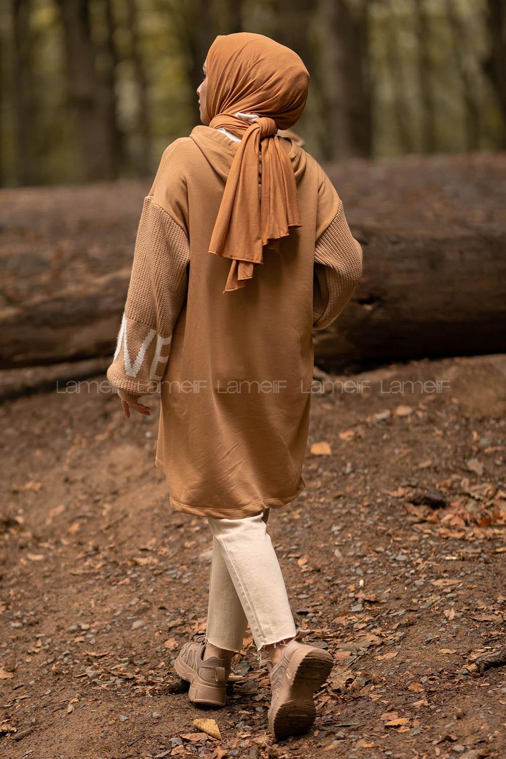 Modalamelif Kapüşonlu Kanguru Cep Triko Kol Garnili Sweat Camel