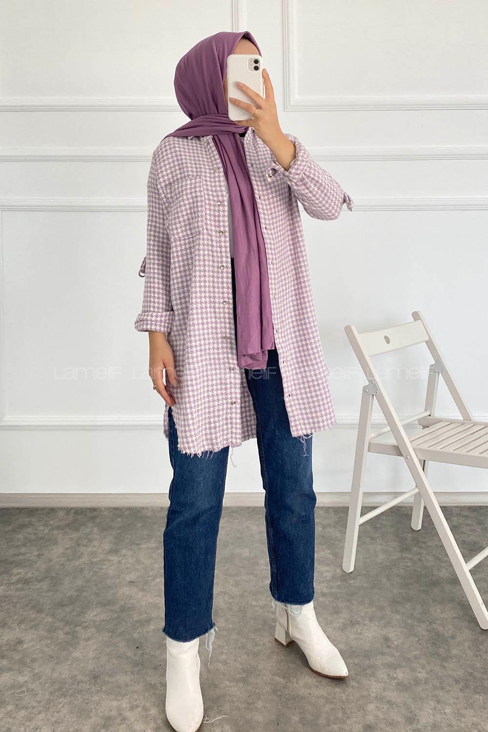 Modalamelif Kazayak Desenli Tek Cepli Uzun Püsküllü Gömlek Lila