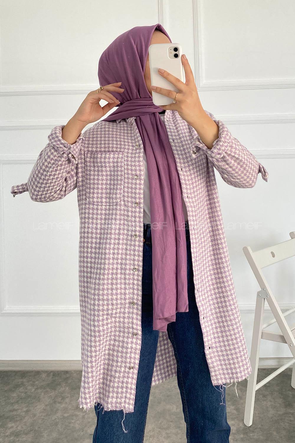 Modalamelif Kazayak Desenli Tek Cepli Uzun Püsküllü Gömlek Lila