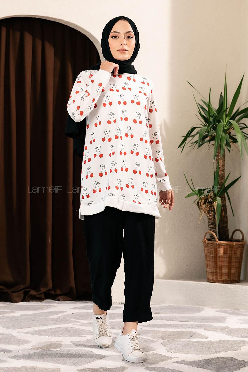Modalamelif Kiraz Desenli Bisiklet Yaka Tunik Ekru