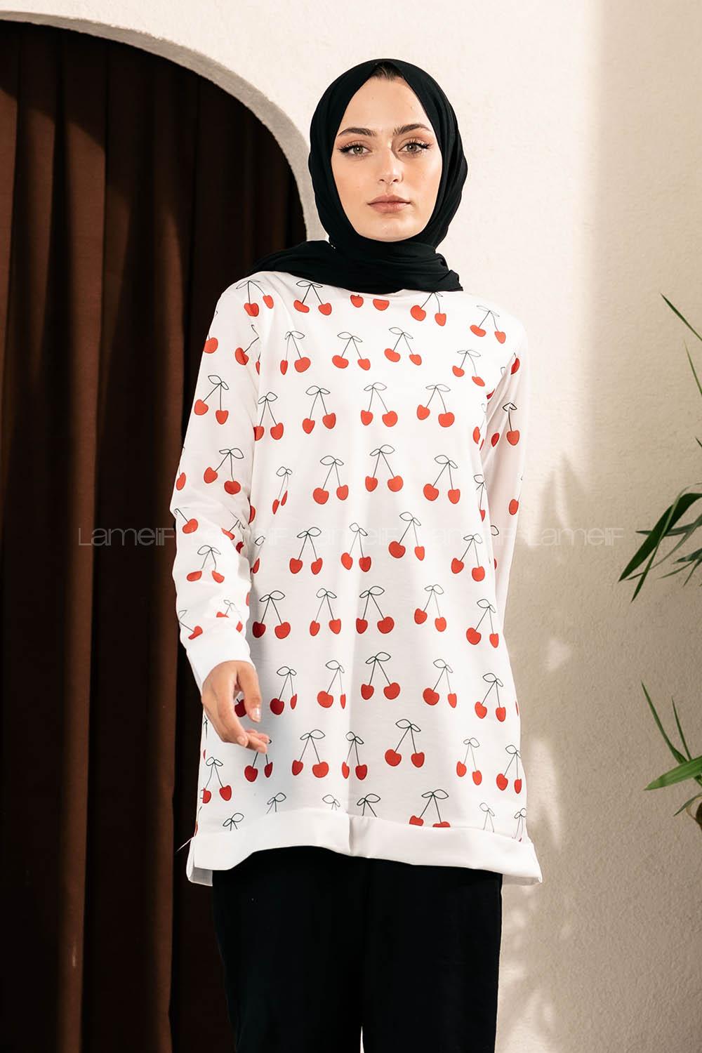 Modalamelif Kiraz Desenli Bisiklet Yaka Tunik Ekru