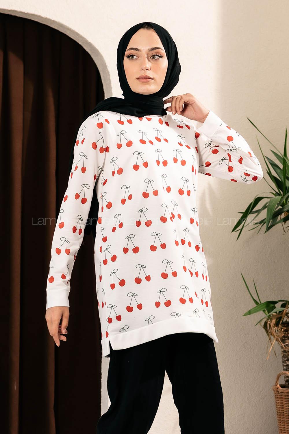 Modalamelif Kiraz Desenli Bisiklet Yaka Tunik Ekru