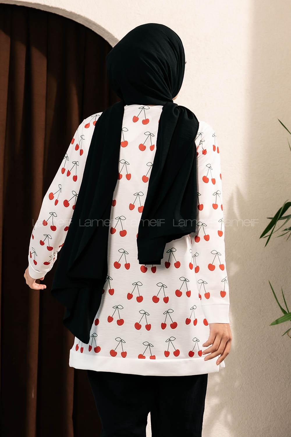 Modalamelif Kiraz Desenli Bisiklet Yaka Tunik Ekru