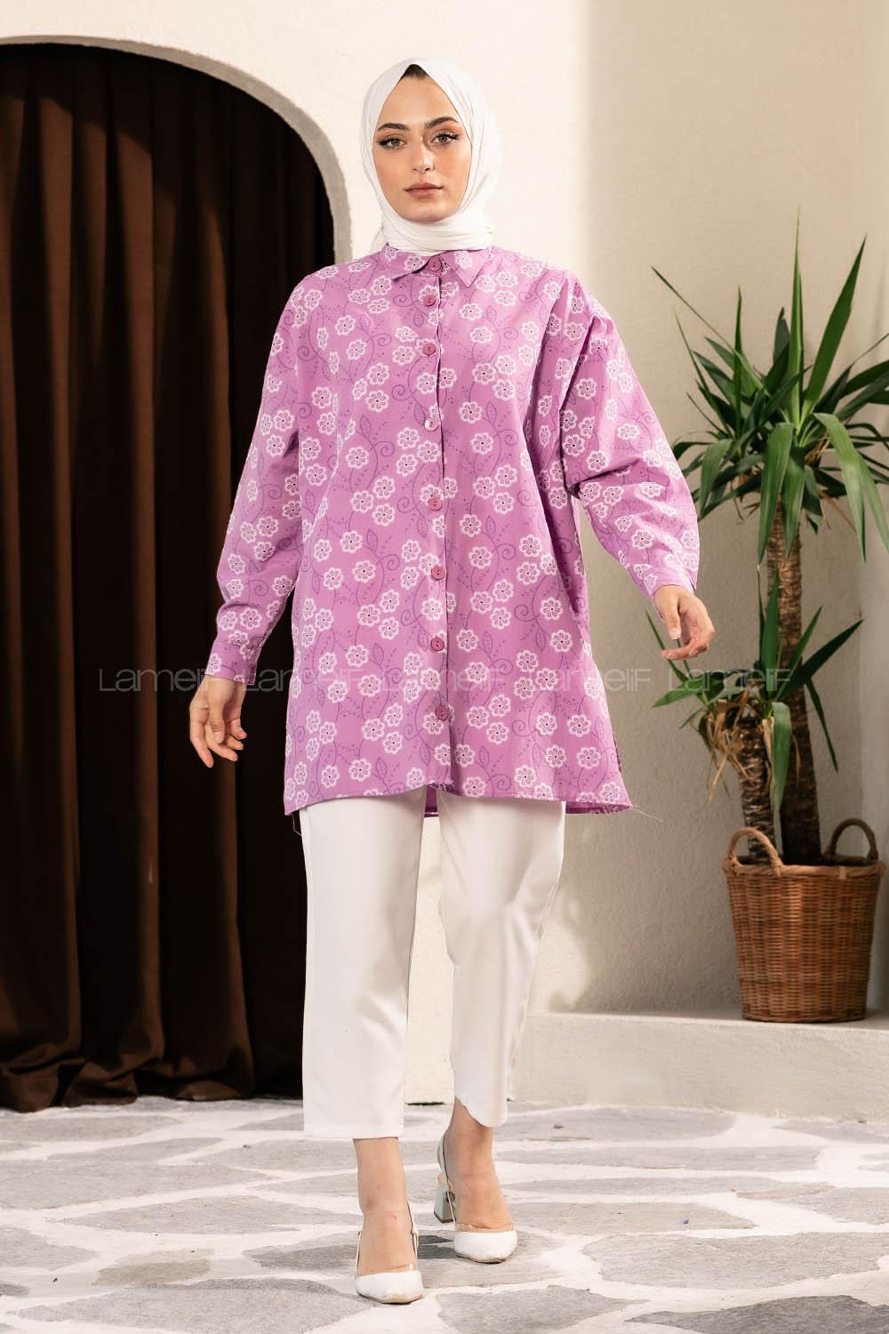 Modalamelif Önü Boydan Düğmeli Çiçek Desenli Yırtmaçlı Tunik Gömlek Lila