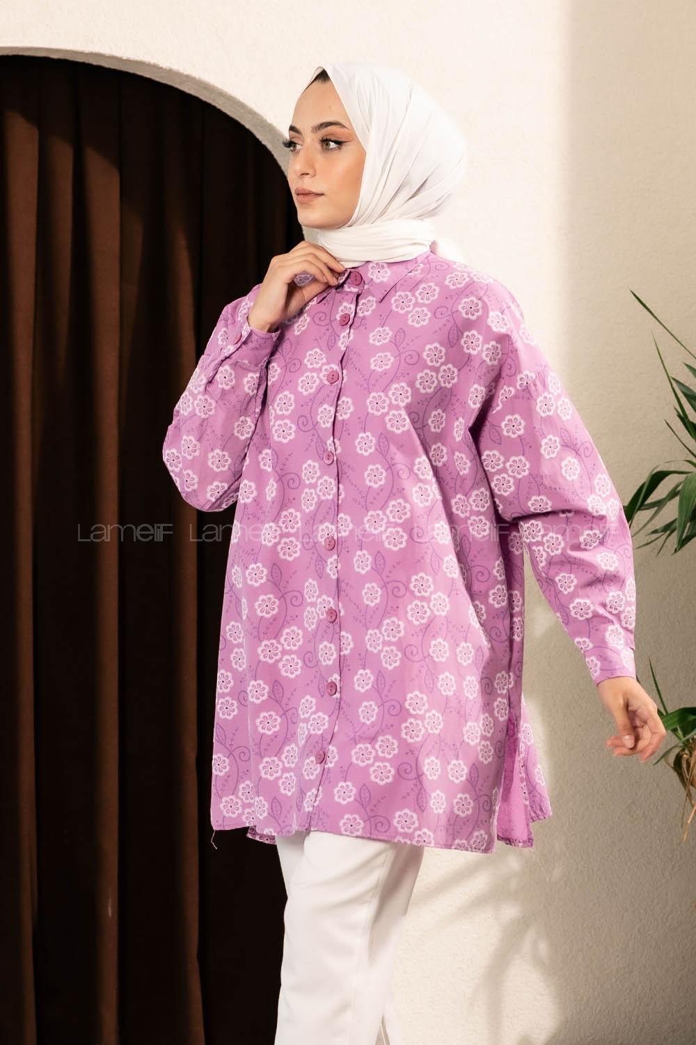 Modalamelif Önü Boydan Düğmeli Çiçek Desenli Yırtmaçlı Tunik Gömlek Lila