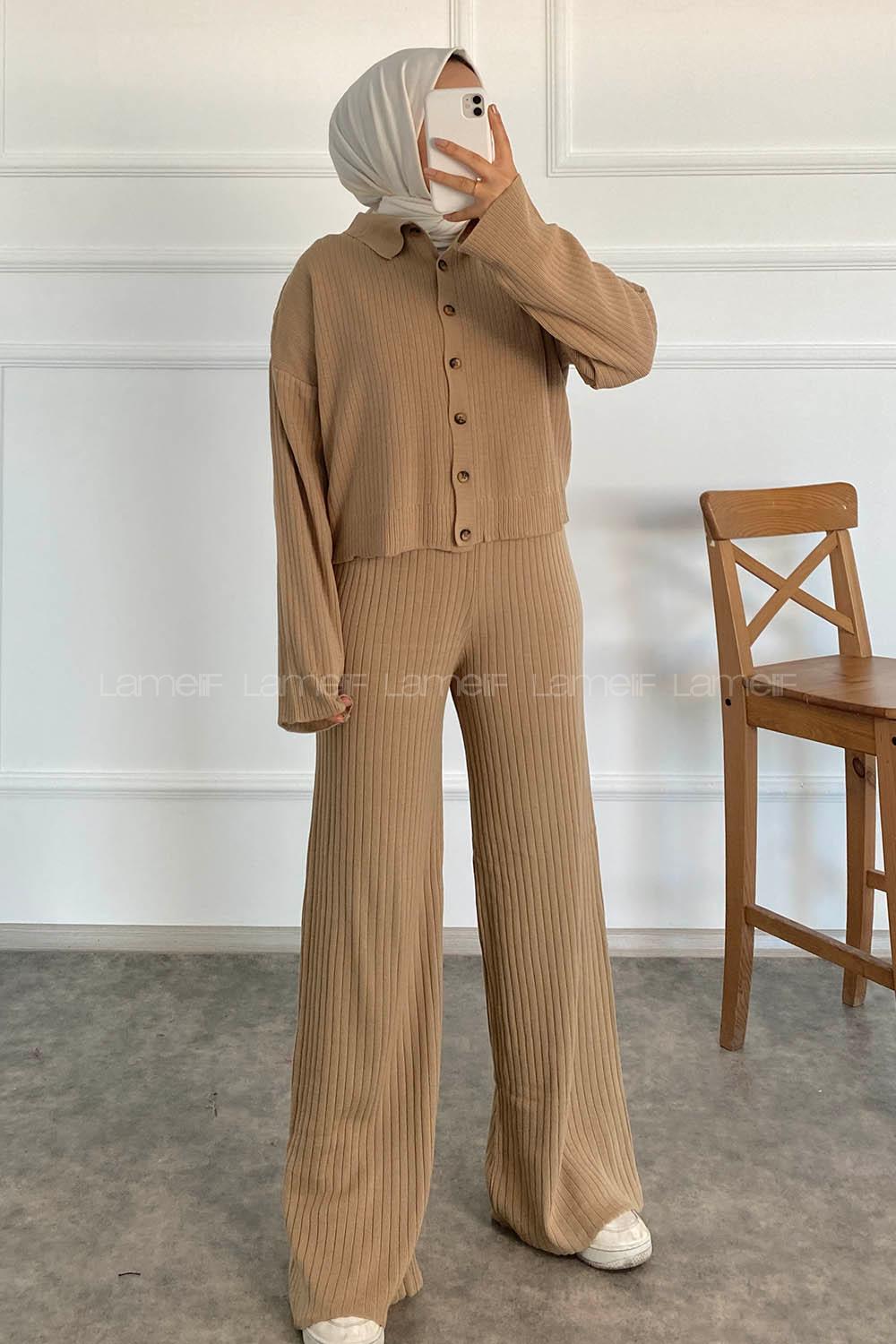 Modalamelif Önü Boydan Düğmeli Fitillli İkili Takım Sütlükahve