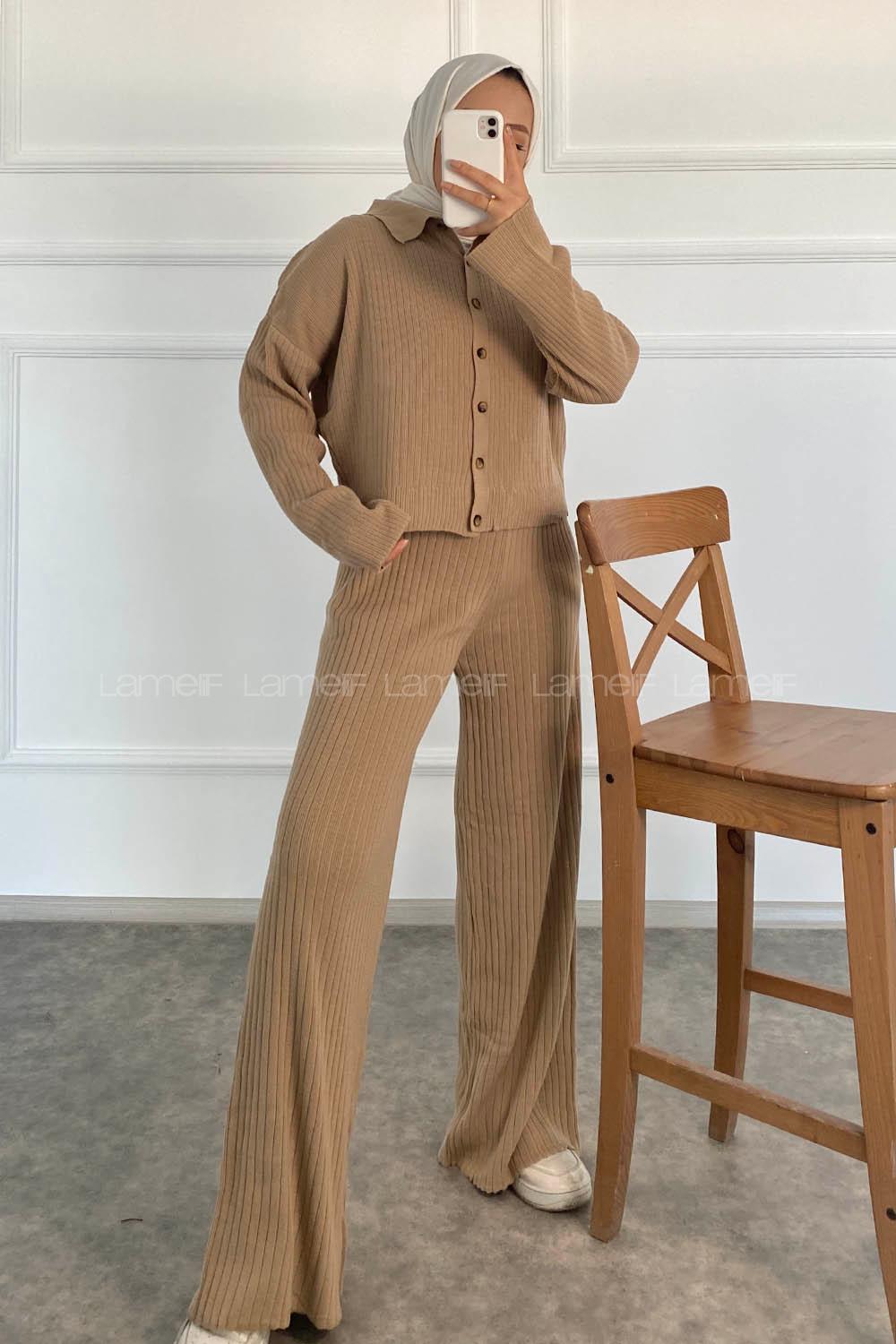 Modalamelif Önü Boydan Düğmeli Fitillli İkili Takım Sütlükahve