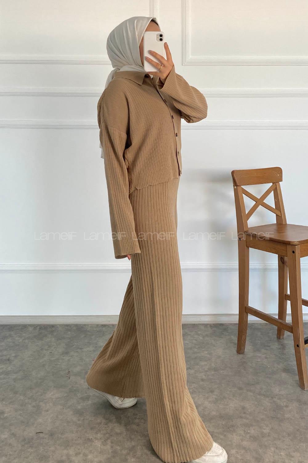 Modalamelif Önü Boydan Düğmeli Fitillli İkili Takım Sütlükahve