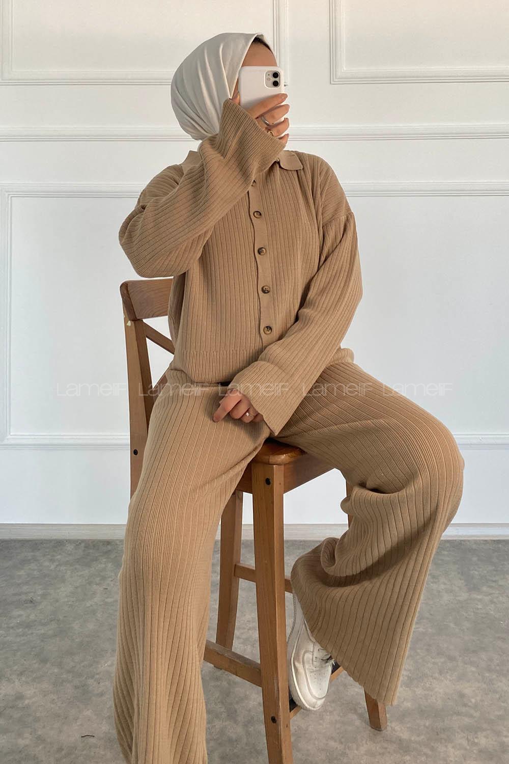 Modalamelif Önü Boydan Düğmeli Fitillli İkili Takım Sütlükahve