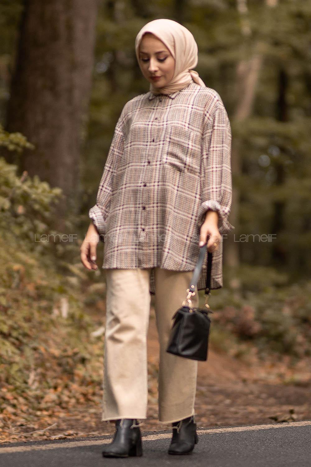 Modalamelif Önü Boydan Düğmeli Tek Cep Detaylı Desenli Gömlek Kahverengi