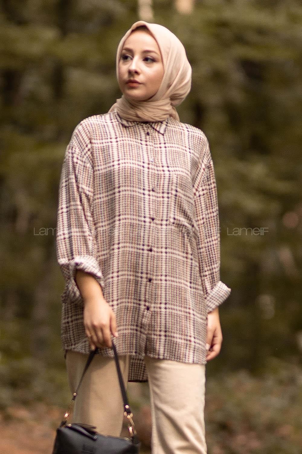 Modalamelif Önü Boydan Düğmeli Tek Cep Detaylı Desenli Gömlek Kahverengi