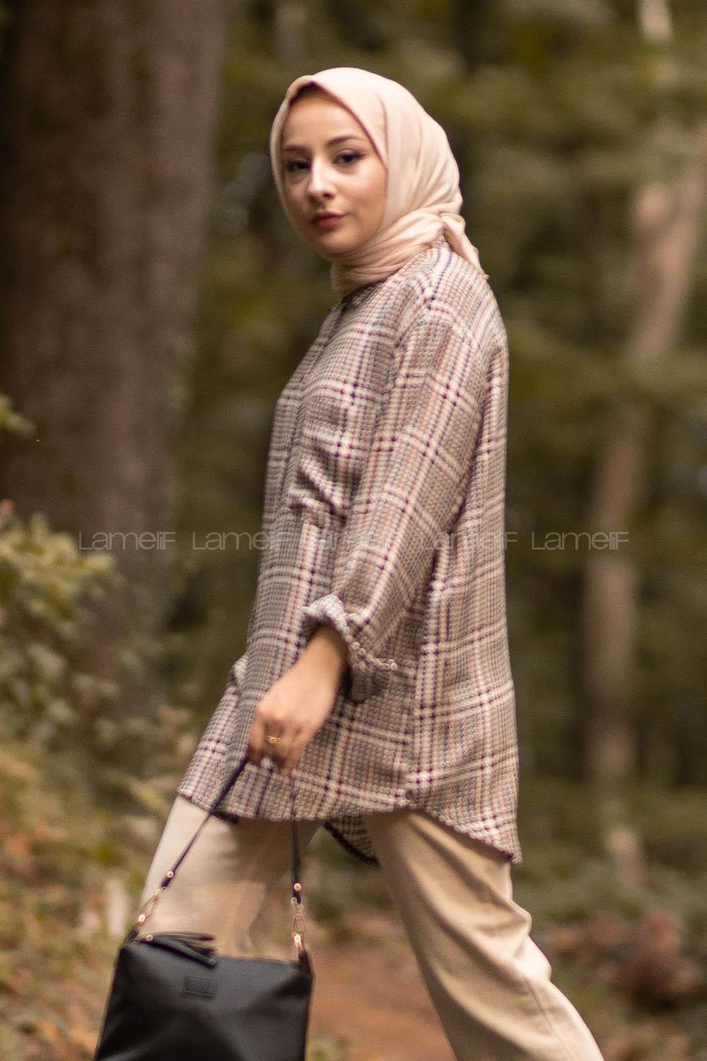 Modalamelif Önü Boydan Düğmeli Tek Cep Detaylı Desenli Gömlek Kahverengi