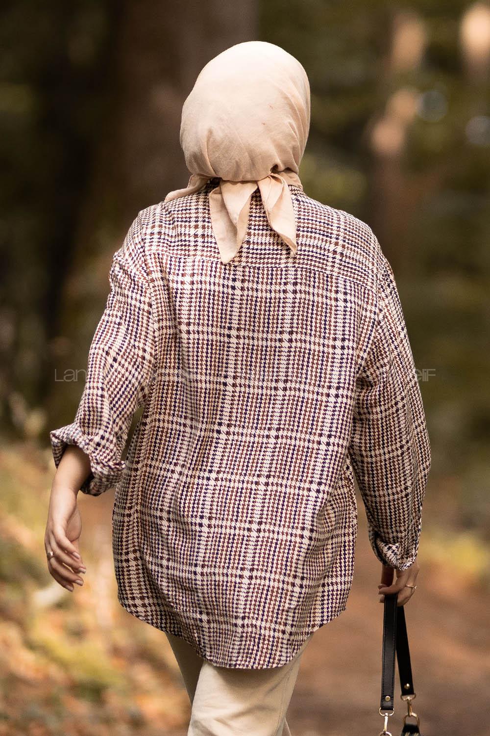 Modalamelif Önü Boydan Düğmeli Tek Cep Detaylı Desenli Gömlek Kahverengi