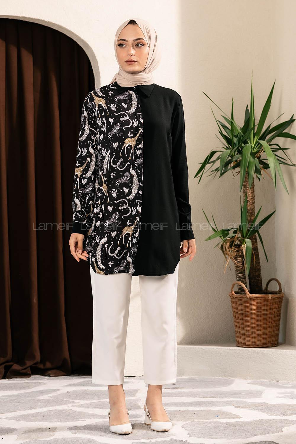Modalamelif Önü Boydan Gizli Düğmeli Digital Baskılı Gömlek Siyah