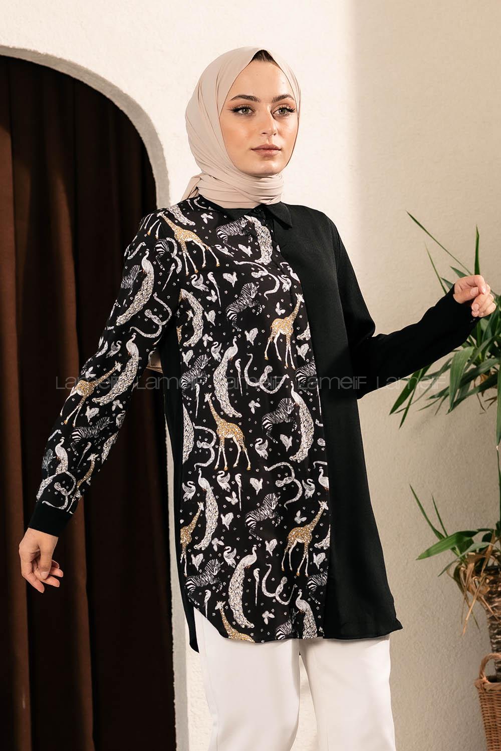 Modalamelif Önü Boydan Gizli Düğmeli Digital Baskılı Gömlek Siyah