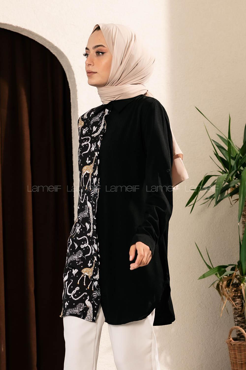 Modalamelif Önü Boydan Gizli Düğmeli Digital Baskılı Gömlek Siyah