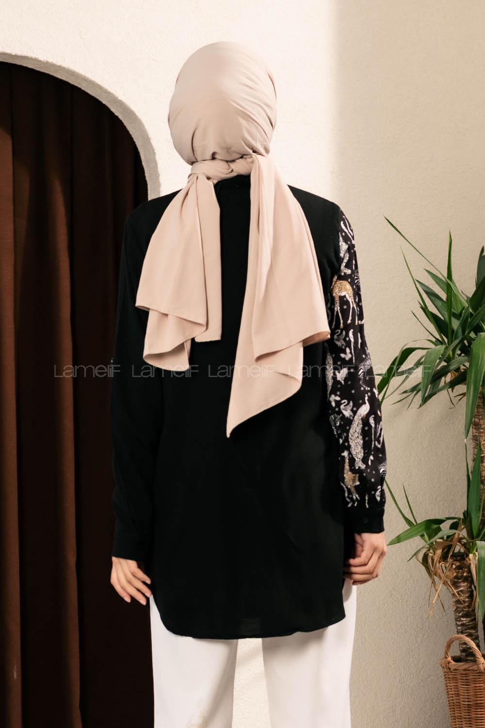 Modalamelif Önü Boydan Gizli Düğmeli Digital Baskılı Gömlek Siyah