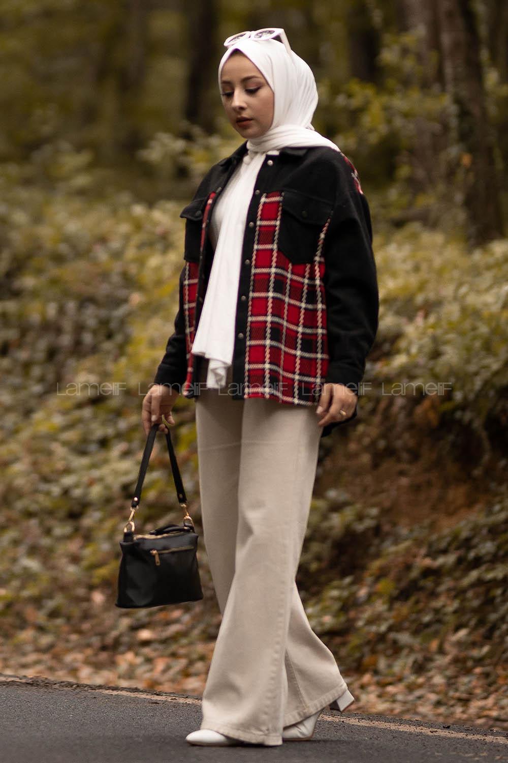 Modalamelif Önü Çıtçıt Düğmeli Kapak Cepli Ekose Gömlek Siyah-Kırmızı