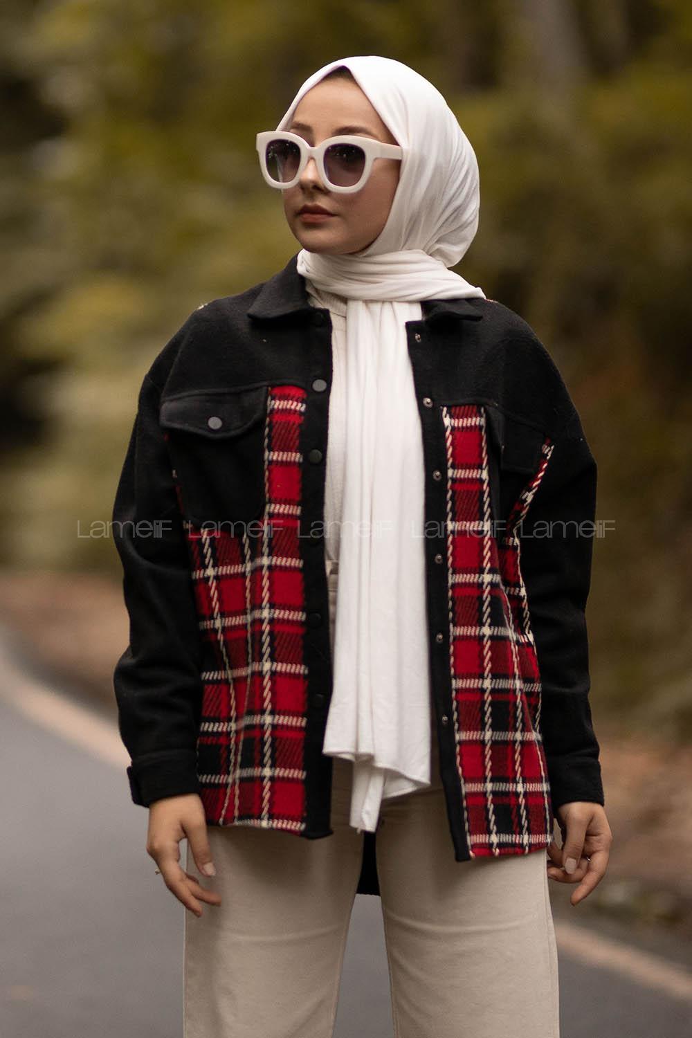 Modalamelif Önü Çıtçıt Düğmeli Kapak Cepli Ekose Gömlek Siyah-Kırmızı