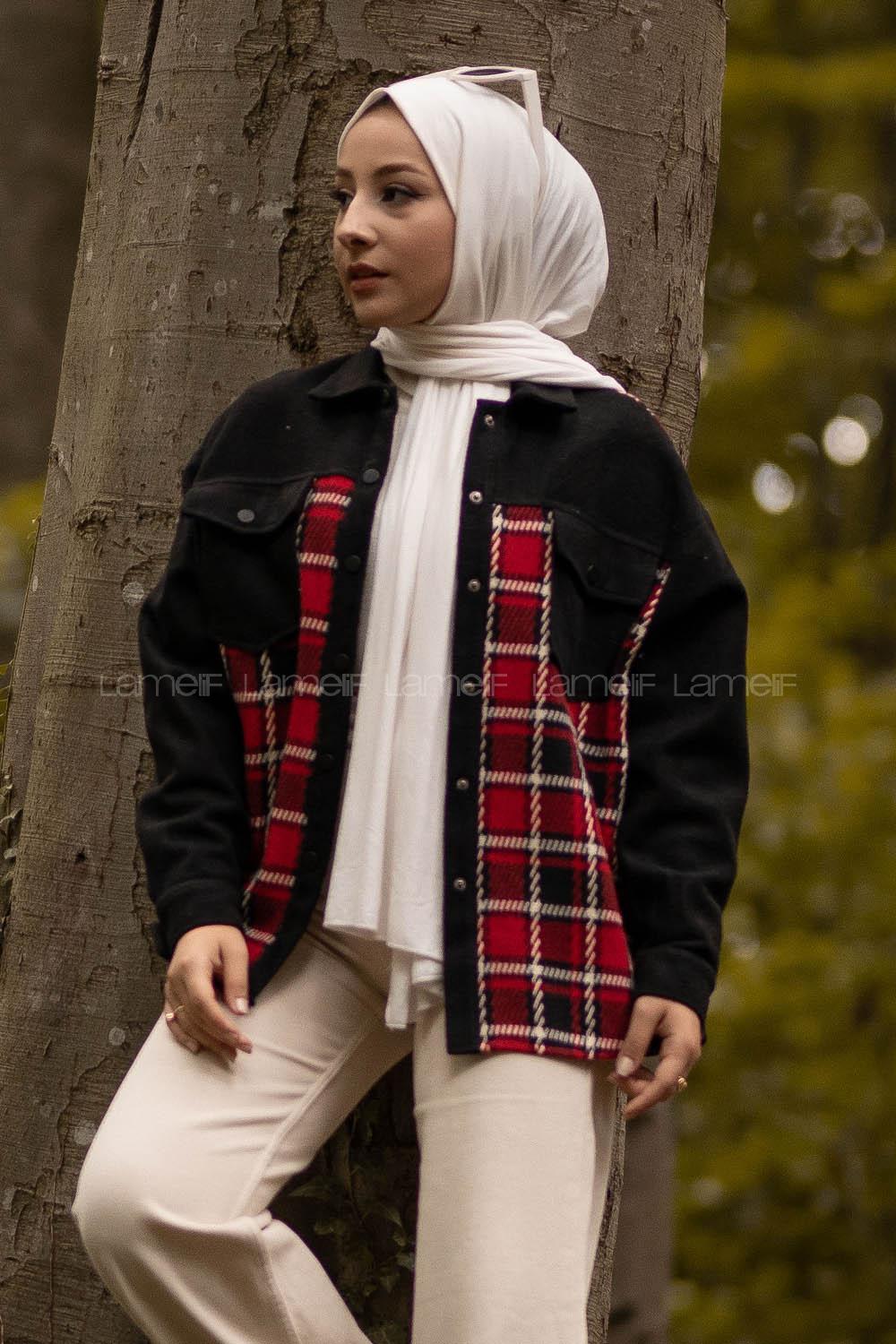 Modalamelif Önü Çıtçıt Düğmeli Kapak Cepli Ekose Gömlek Siyah-Kırmızı