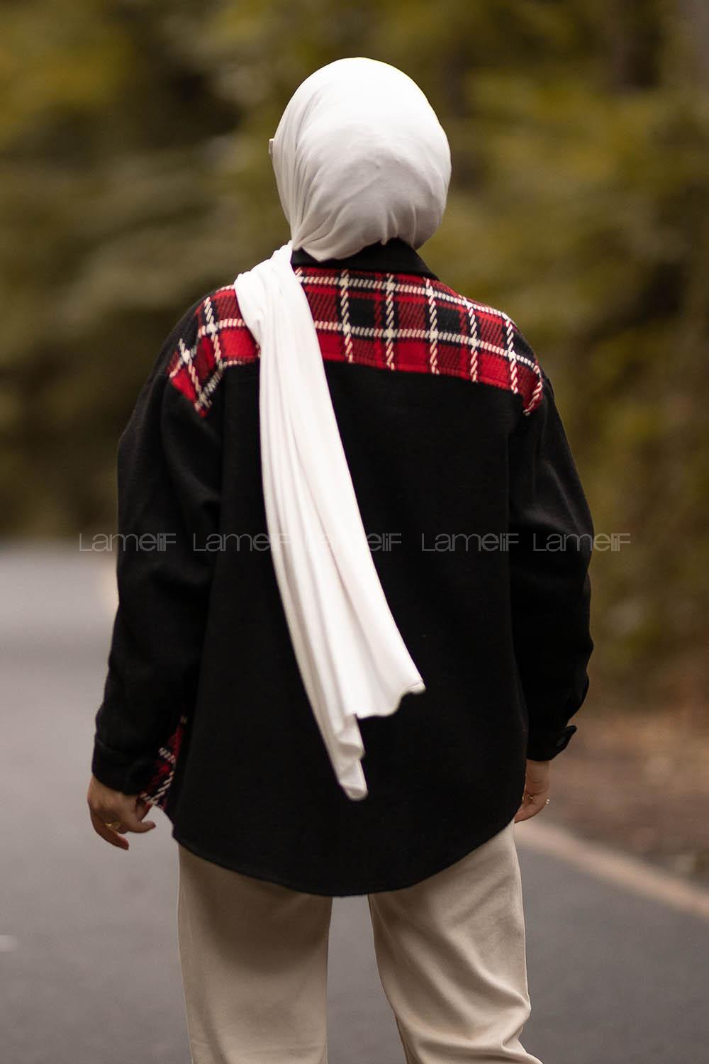 Modalamelif Önü Çıtçıt Düğmeli Kapak Cepli Ekose Gömlek Siyah-Kırmızı