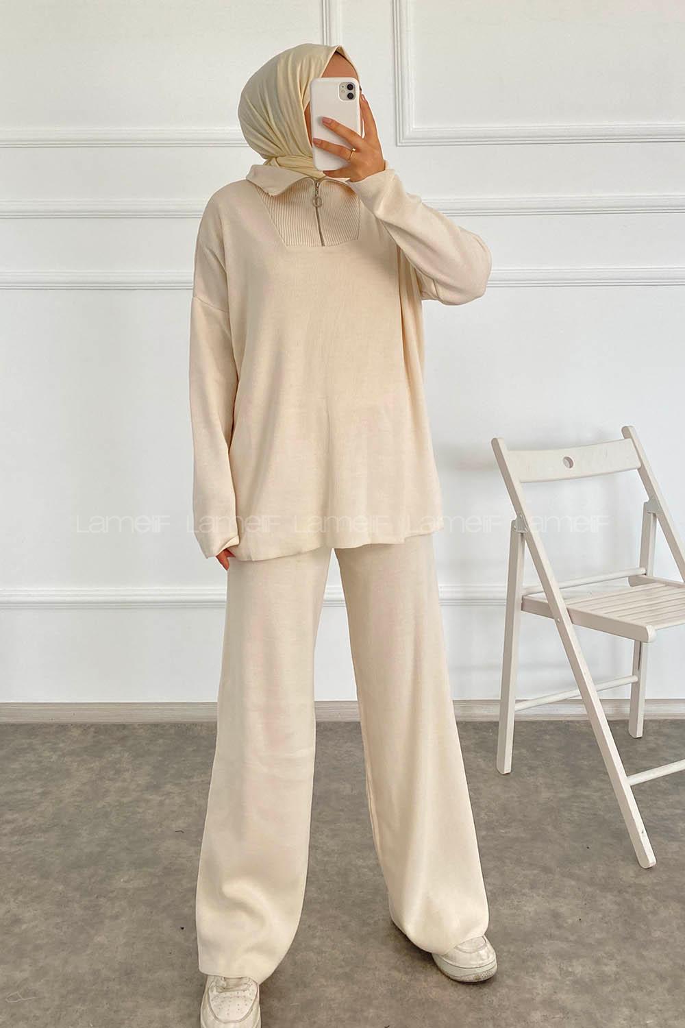Modalamelif Önü Yarım Fermuarlu Kazak Pantolon İkili Takım Krem