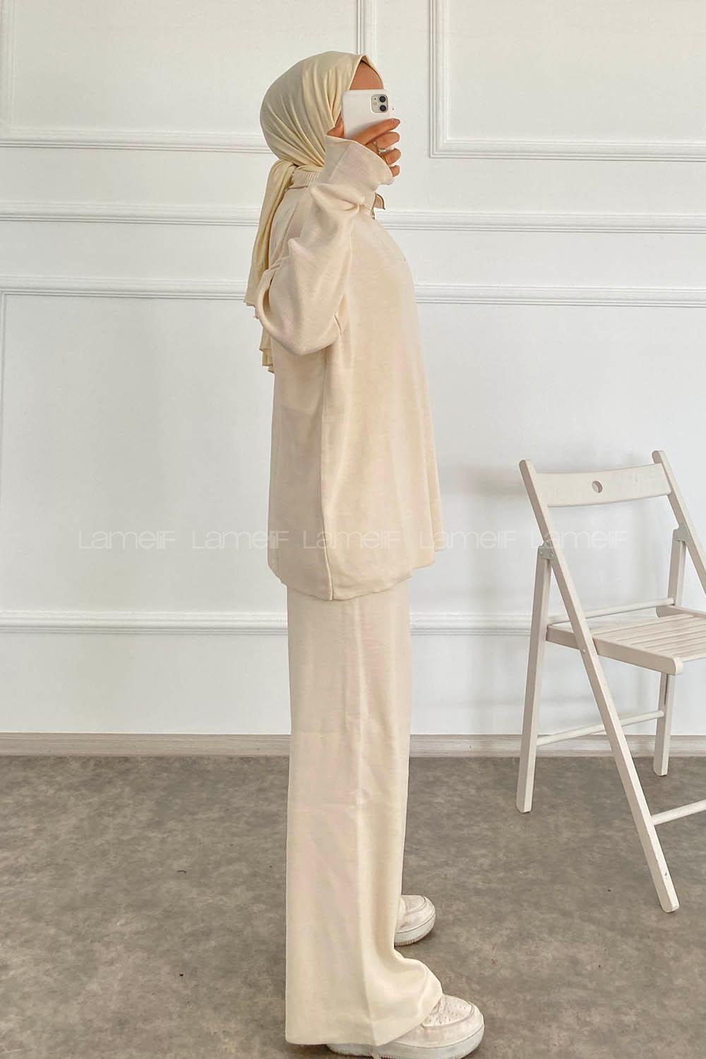 Modalamelif Önü Yarım Fermuarlu Kazak Pantolon İkili Takım Krem