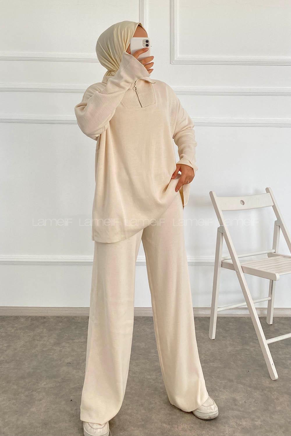 Modalamelif Önü Yarım Fermuarlu Kazak Pantolon İkili Takım Krem