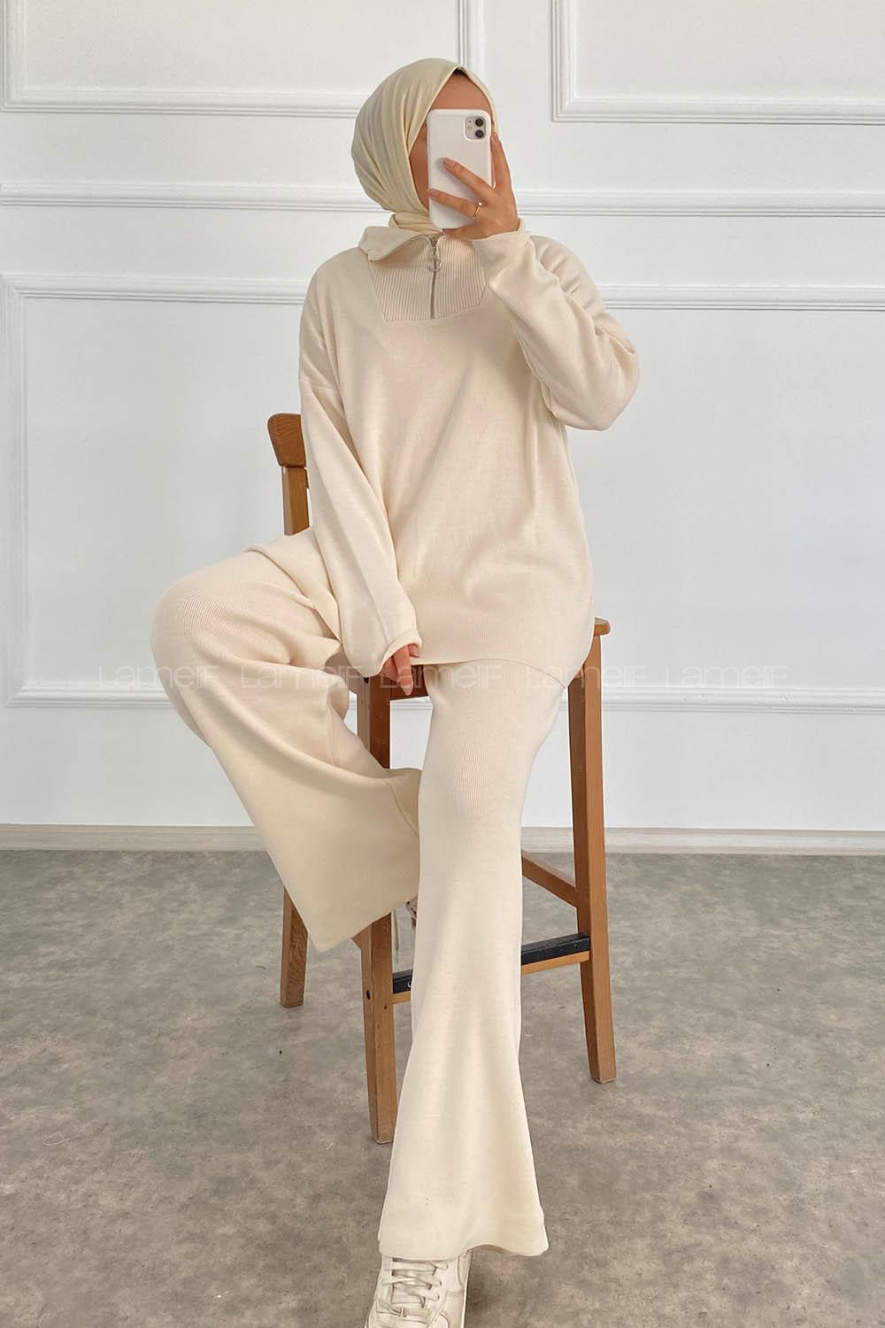 Modalamelif Önü Yarım Fermuarlu Kazak Pantolon İkili Takım Krem