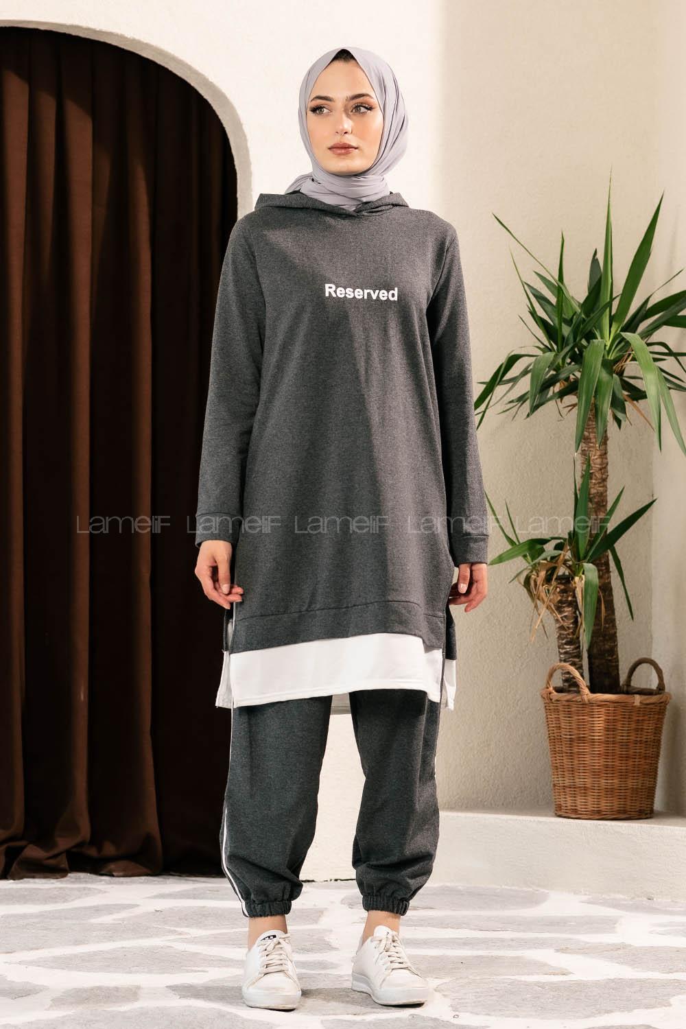 Modalamelif Önü Yazı Baskılı Kapüşonlu İkili Takım Antrasit