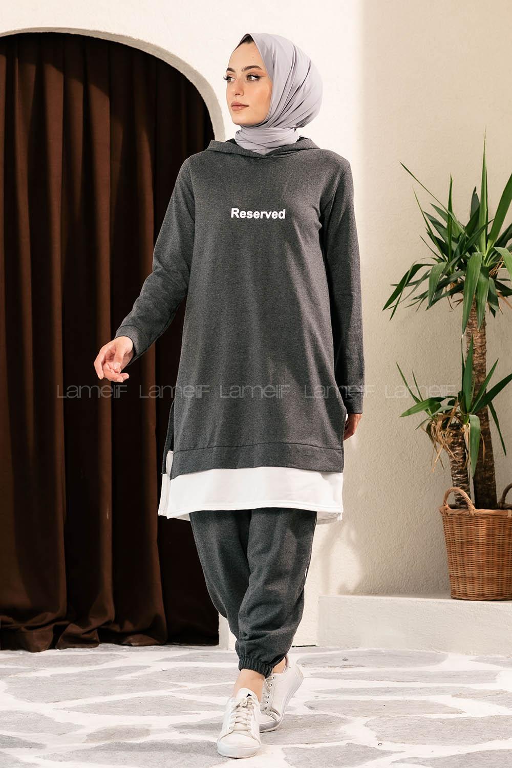 Modalamelif Önü Yazı Baskılı Kapüşonlu İkili Takım Antrasit