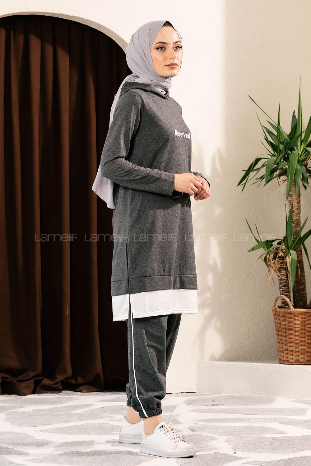 Modalamelif Önü Yazı Baskılı Kapüşonlu İkili Takım Antrasit
