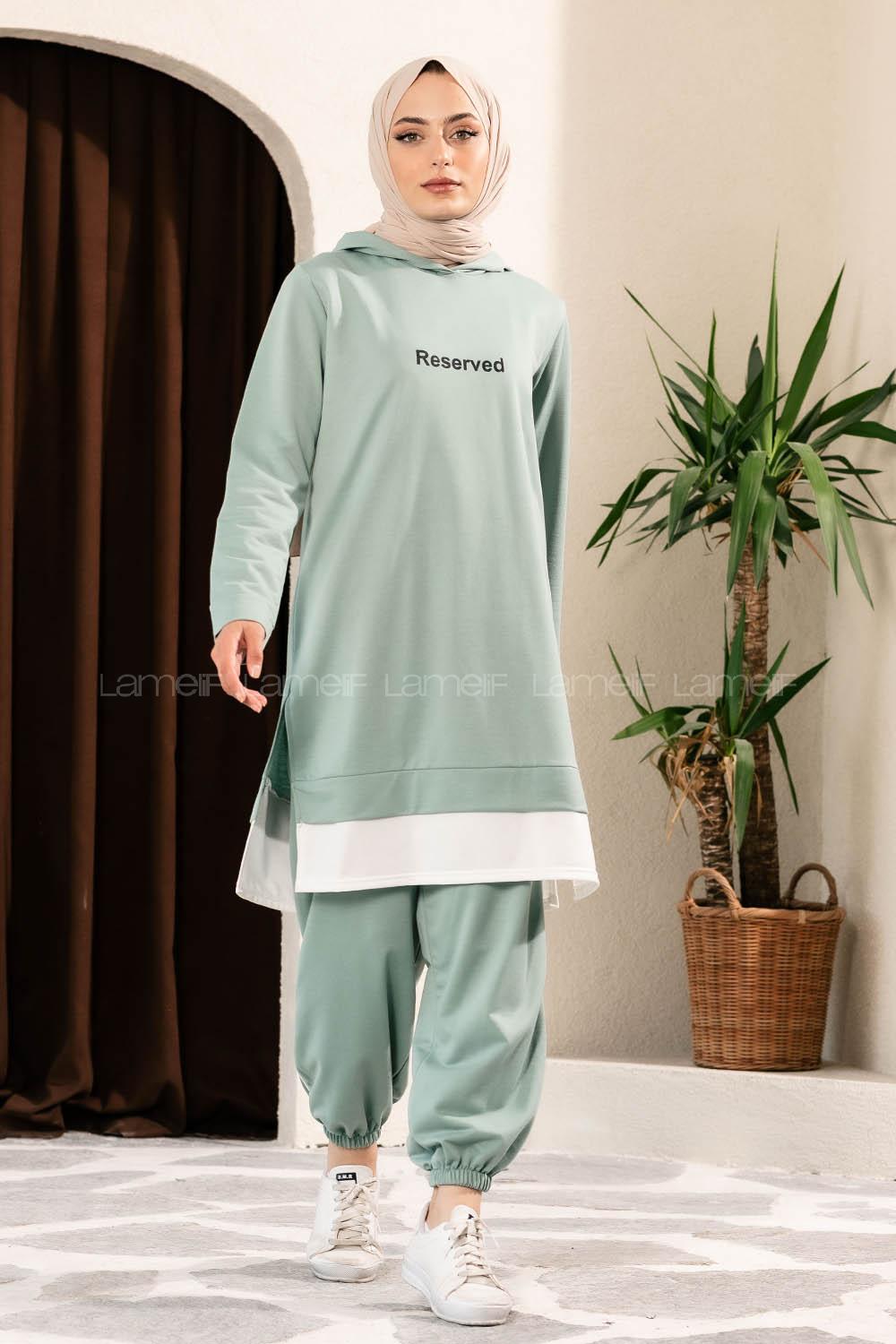 Modalamelif Önü Yazı Baskılı Kapüşonlu İkili Takım Çağla Yeşili